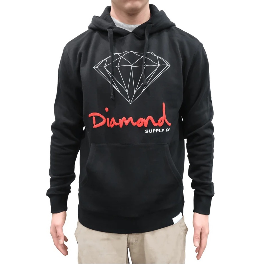 Diamond Supply Co. Men's OG Logo Pullover Fleece Hoodie Sweatshirt 
Black/Red)